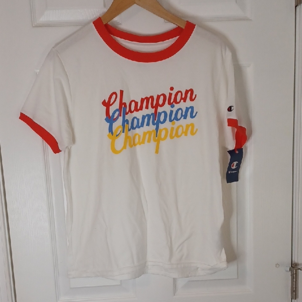 Champion White Tee with Red, Blue, and Yellow Accents